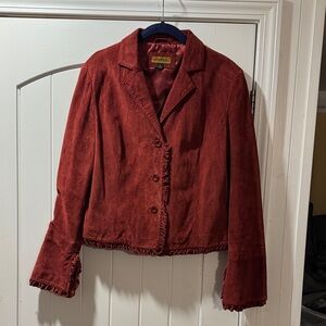 Women's Vintage Suede Maroon Blazer w Ruffled Cuffs and Hem